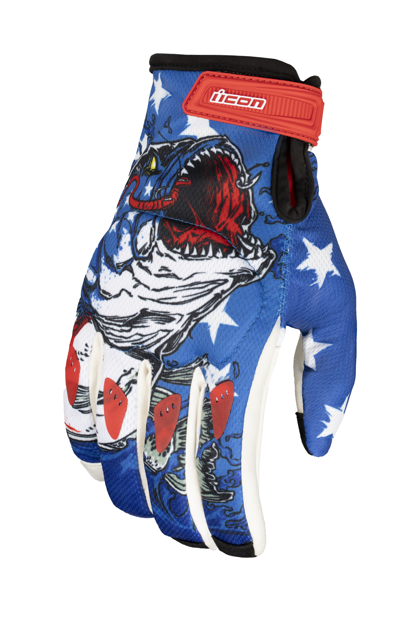Blue ICON Hooligan Basstard™ gloves in medium size, featuring padded knuckles and adjustable wrist straps for motorcycle riding.