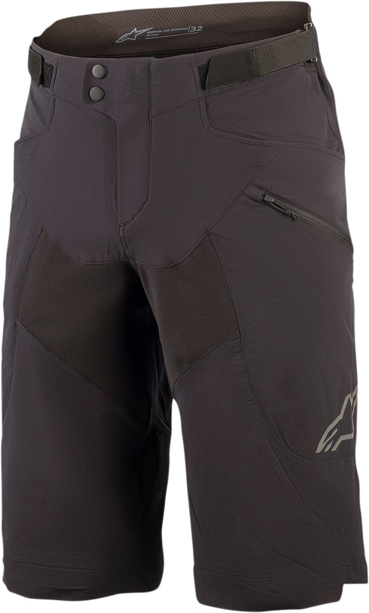 Alpinestars Drop 6.0 Shorts in black, US 36, displayed on a hanger, featuring durable fabric and athletic design.