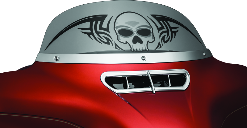 Kuryakyn Chrome Smooth Windshield Trim for Harley-Davidson Touring Models, part #1387, shown on motorcycle windshield.