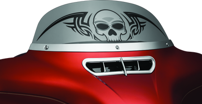 Kuryakyn Chrome Smooth Windshield Trim for Harley-Davidson Touring Models, part #1387, shown on motorcycle windshield.