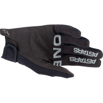 Alpinestars Radar black gloves with brushed silver accents, 2XL size, showing textured palm and secure wrist closure.