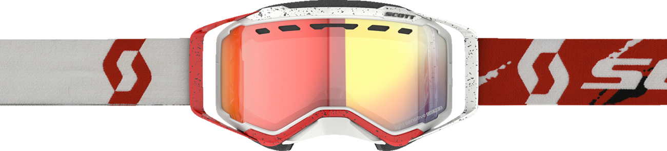 Scott Prospect snow goggles with light-sensitive lenses, white and red frame, and red chrome accents, designed for winter sports.