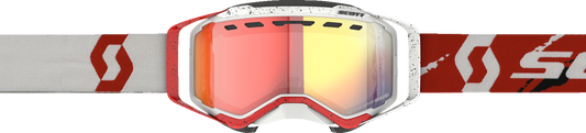 Scott Prospect snow goggles with light-sensitive lenses, white and red frame, and red chrome accents, designed for winter sports.