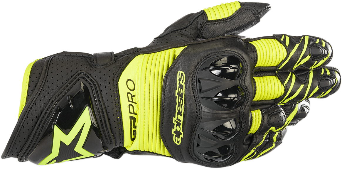 Alpinestars GP Pro R3 motorcycle gloves in black and fluo yellow, size 3XL, showing protective design and vibrant color details.