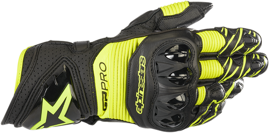 Alpinestars GP Pro R3 motorcycle gloves in black and fluo yellow, size 3XL, showing protective design and vibrant color details.
