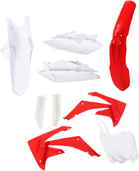 Acerbis full replacement body kit in OEM red and white, designed for motorcycle body panels, with detailed frame and panel views.