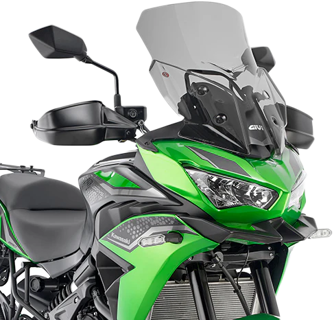 GIVI D4132S smoke windshield for Kawasaki motorcycles, shown mounted on bike with tinted, aerodynamic design.