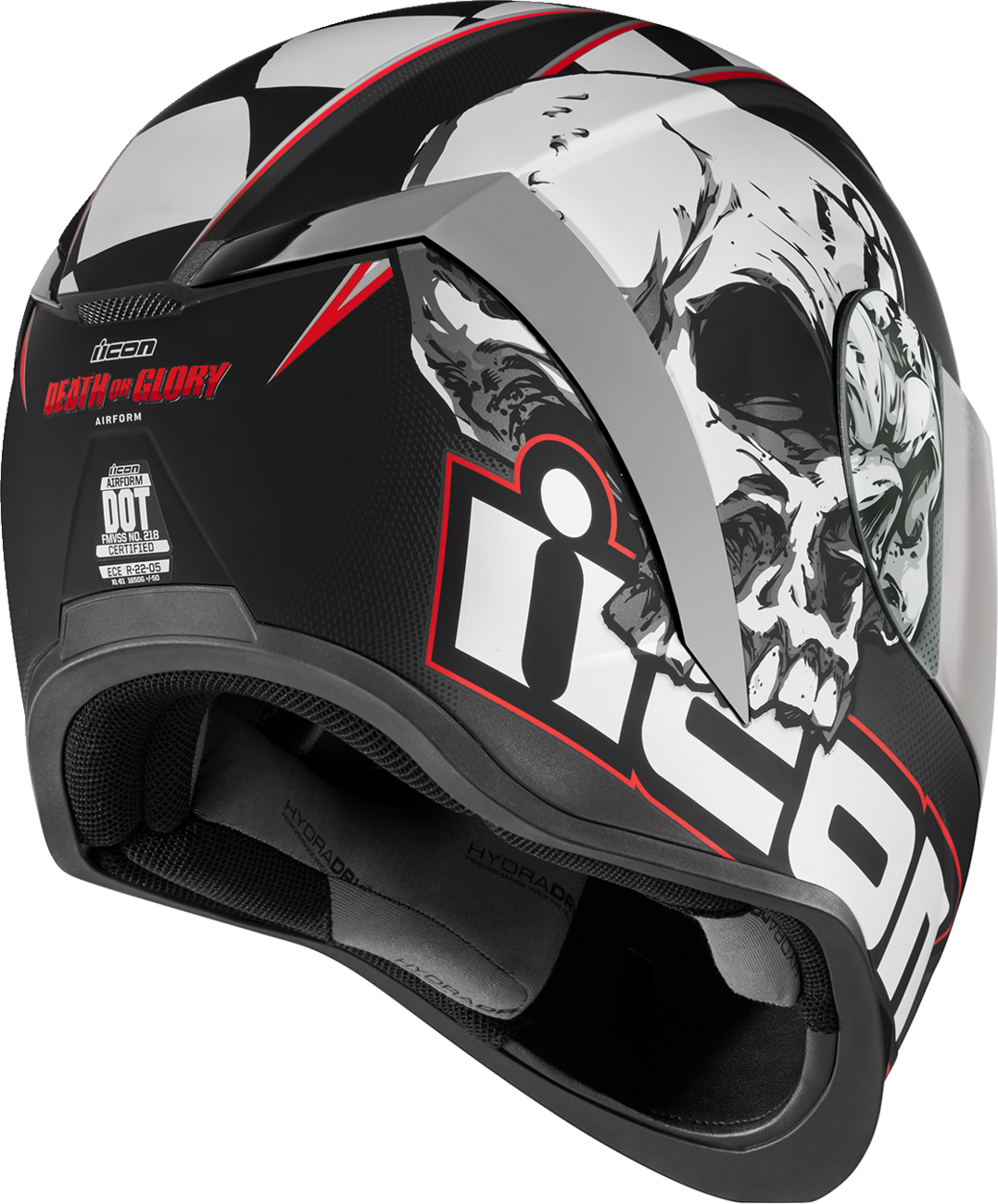 Black ICON Airform™ Helmet Death or Glory design in XS size, featuring bold graphics and a secure fit for motorcycle riding.