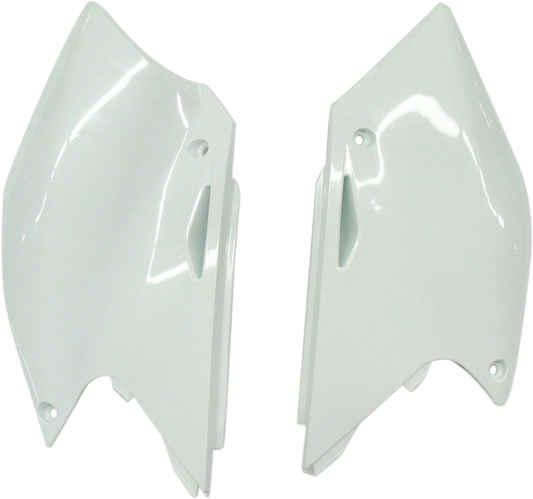 White Acerbis side panels for motorcycle body, designed for compatibility with Bill's Exhausts models, shown in the image.