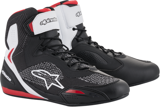 Alpinestars Faster-3 Rideknit shoes in black, white, and red with US size 13, featuring sleek design and textured fabric.