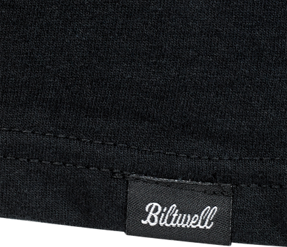 Black BILTWELL Damaged T-Shirt in small size, featuring distressed design and Bill's Exhausts branding, laid flat on a white background.
