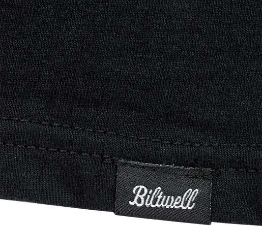 Black BILTWELL Damaged T-Shirt in small size, featuring distressed design and Bill's Exhausts branding, laid flat on a white background.