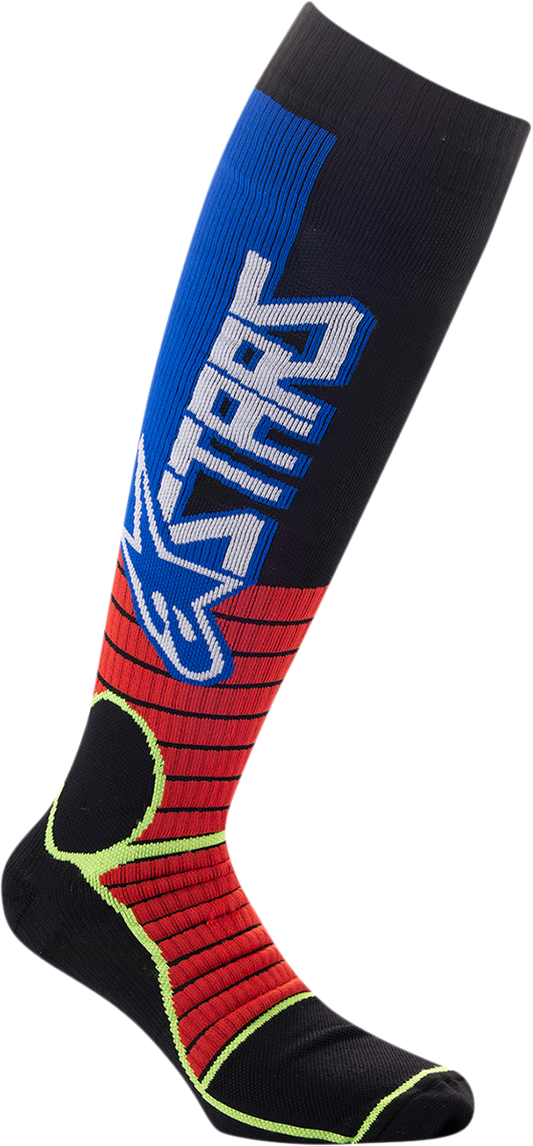 Alpinestars MX Pro motocross socks in red, yellow, and blue, size medium, featuring moisture-wicking fabric for motocross riding.