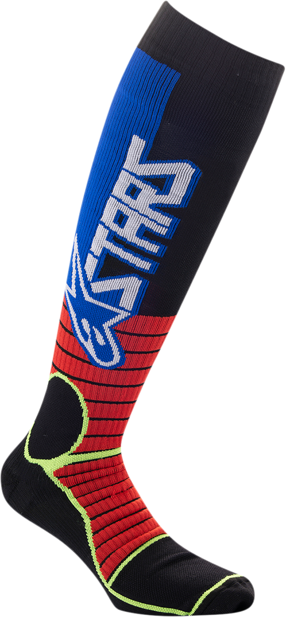 Alpinestars MX Pro Socks in red, yellow, and blue, large size, featuring reinforced areas for motocross riding comfort and durability.