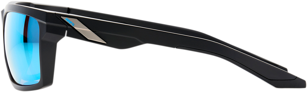 Bill's Exhausts 100% Daze sunglasses in matte black with blue mirror lenses, showcasing stylish eyewear design.
