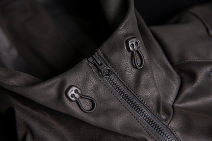 Black ICON Synthhawk Jacket in small size, featuring sleek design and detailed stitching, from Bill's Exhausts.