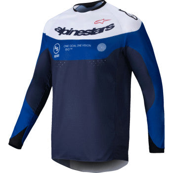 Alpinestars Pro-Dura Jersey in navy, blue, and white, medium size, featuring lightweight breathable fabric and motocross design.