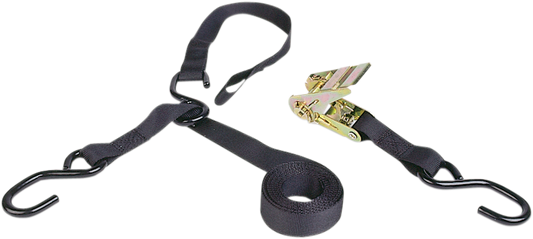 Black AIRHEAD SPORTS GROUP triple hook ratchet tie-down strap, 4" x 8', designed for watercraft security, by Bill's Exhausts.