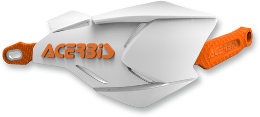 Acerbis X-Factory handguards in white and orange mounted on motorcycle handlebars for protection and style.