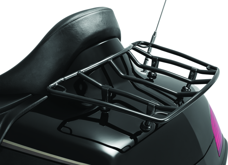 Kuryakyn trunk luggage rack adjustable for Honda Gold Wing and Kawasaki Vulcan 1700 motorcycles, mounted on bike trunk.