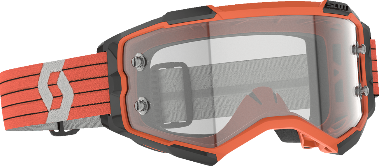 Scott Fury motocross goggles with orange and gray frame and clear lens, designed for durable eye protection.