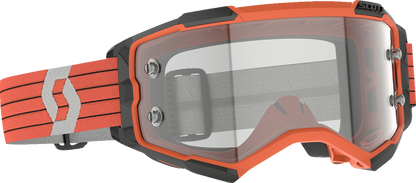 Scott Fury motocross goggles with orange and gray frame and clear lens, designed for durable eye protection.