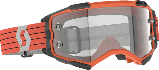 Scott Fury motocross goggles with orange and gray frame and clear lens, designed for durable eye protection.