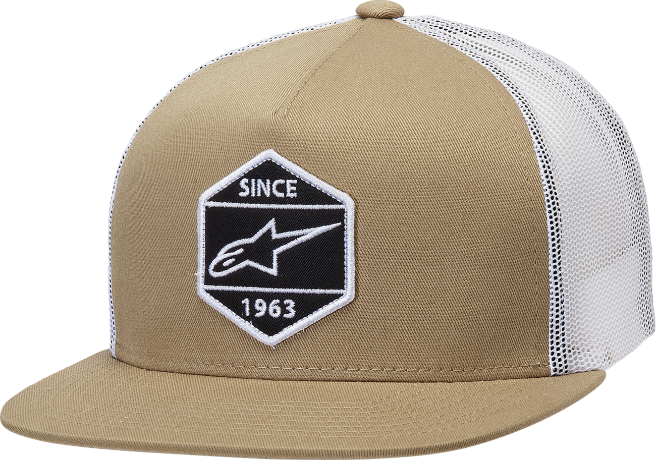 Alpinestars Bolt Trucker Hat in sand and white, one size, featuring the Alpinestars logo on the front panel.
