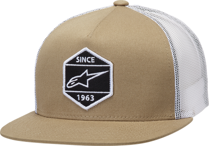 Alpinestars Bolt Trucker Hat in sand and white, one size, featuring the Alpinestars logo on the front panel.