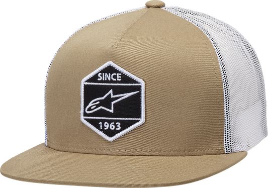 Alpinestars Bolt Trucker Hat in sand and white, one size, featuring the Alpinestars logo on the front panel.