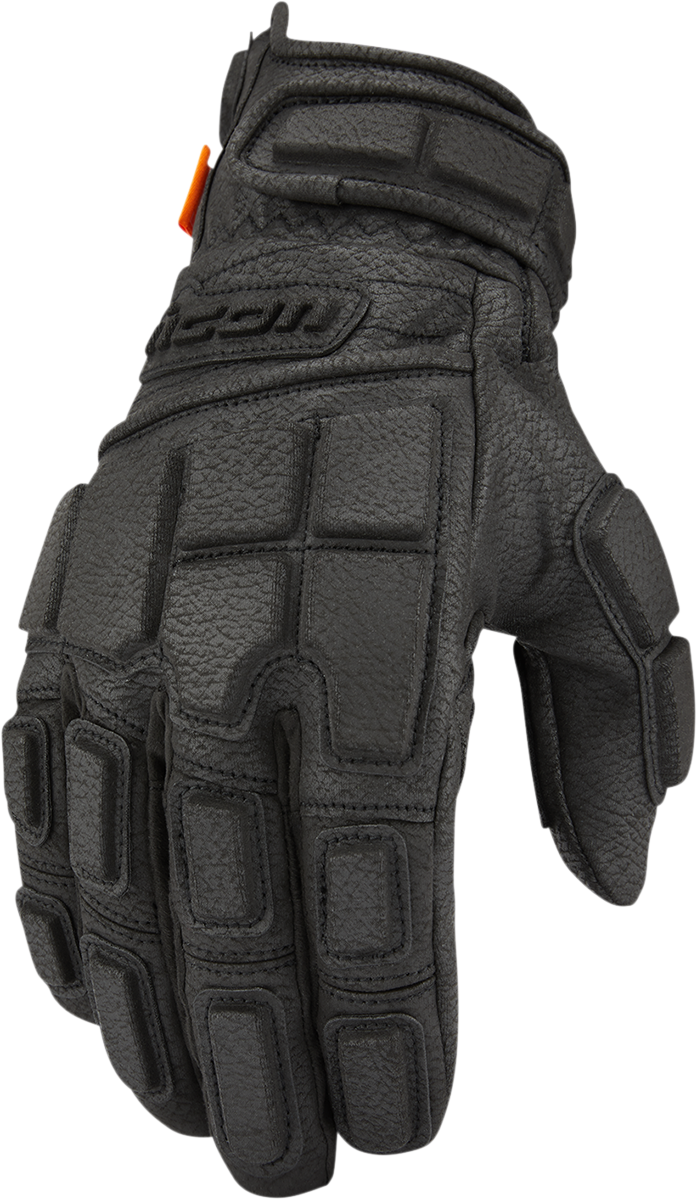 Black ICON Motorhead3 CE gloves in 3XL size, featuring durable protective design and textured grip for motorcycling.