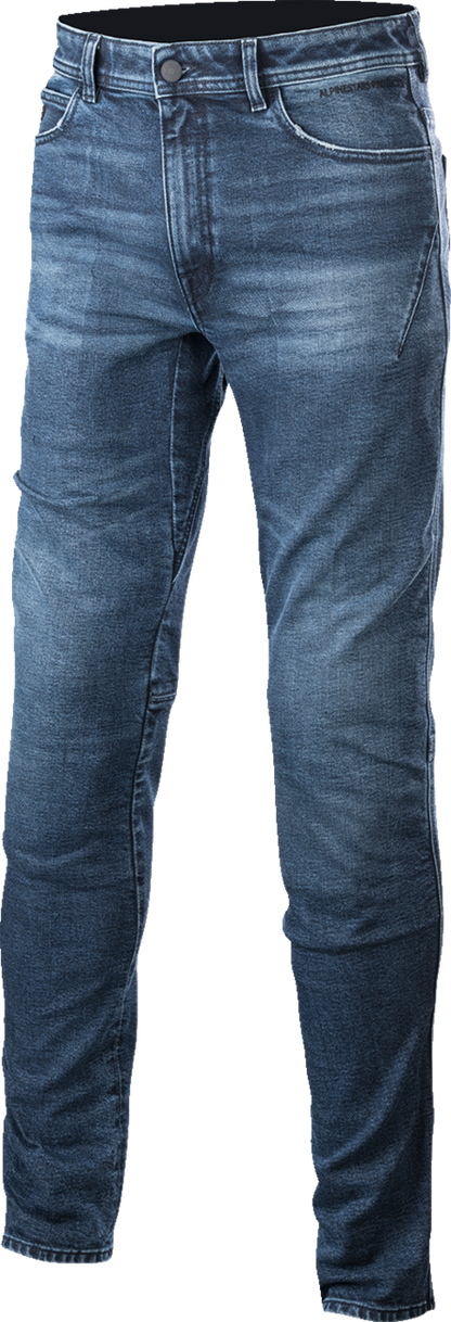 Blue Alpinestars Argon motorcycle pants, US 38/EU 54, with protective features and sporty design.
