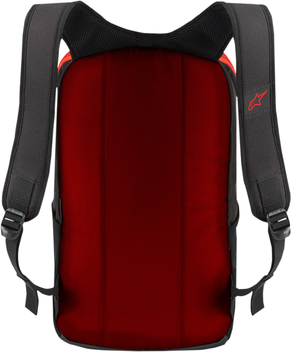 Alpinestars Defcon V2 backpack in black and red, featuring protective gear design with multiple compartments for motorcycle riding.