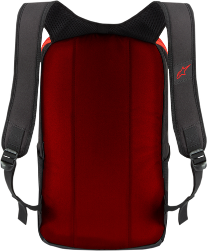 Alpinestars Defcon V2 backpack in black and red, featuring protective gear design with multiple compartments for motorcycle riding.