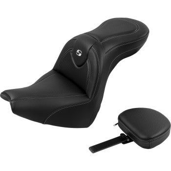 SADDLEMEN Roadsofa™ motorcycle seat with backrest in carbon fiber for FXBR/S models 2018-2020, designed for comfort and style.
