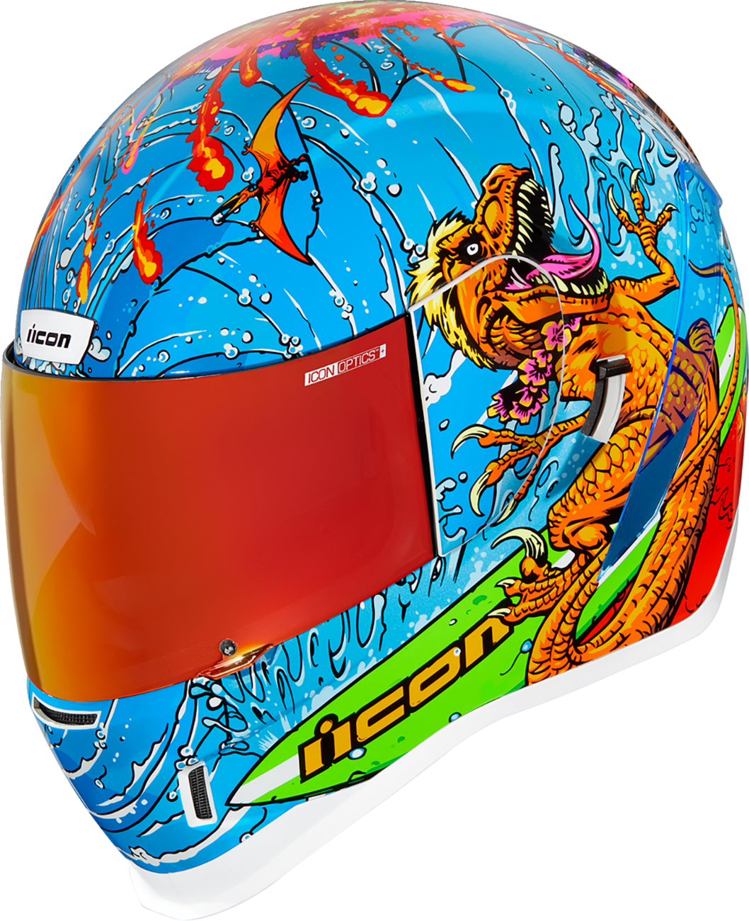 Bill's Exhausts ICON Airform Dino Fury helmet in large size, featuring a colorful dinosaur design and sturdy visor for safety.