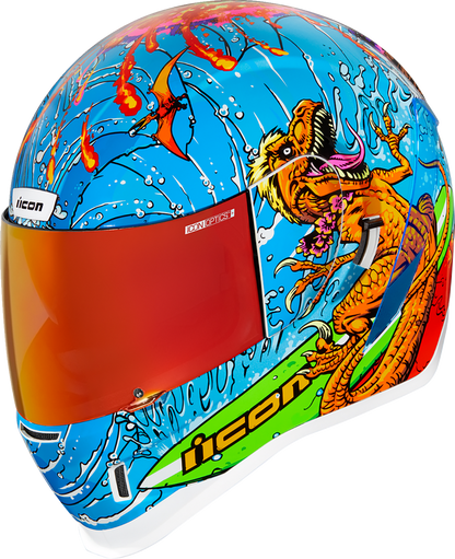 Bill's Exhausts ICON Airform Dino Fury helmet in large size, featuring a colorful dinosaur design and sturdy visor for safety.
