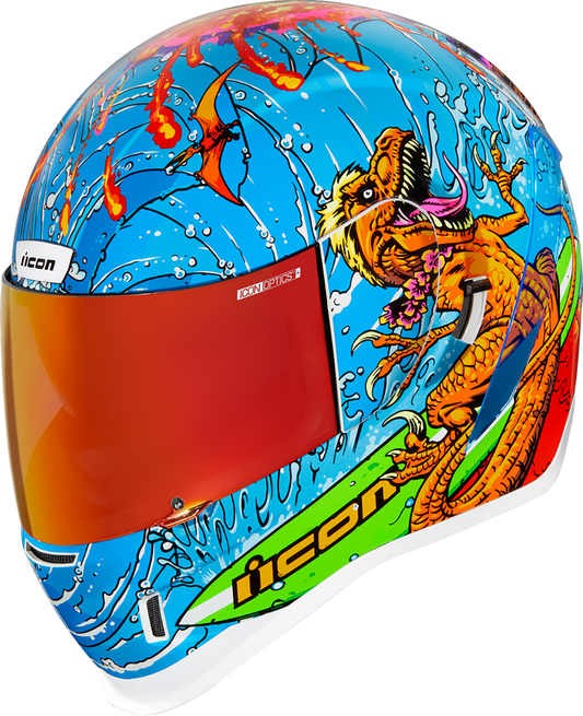 Bill's Exhausts ICON Airform Dino Fury helmet in large size, featuring a colorful dinosaur design and sturdy visor for safety.