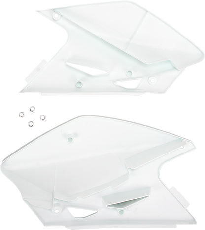 A set of white Acerbis side panels for motorcycle body, designed for fit and style, shown on a clean background.