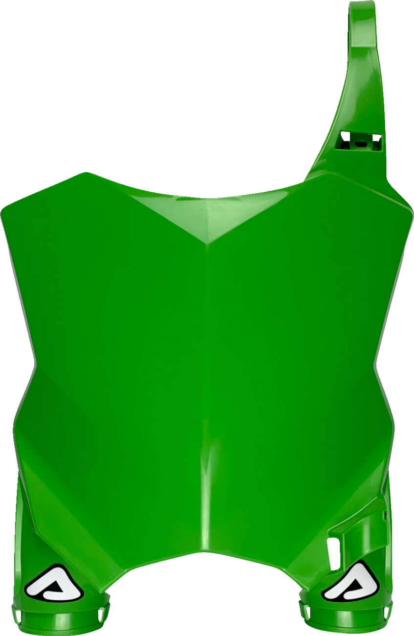 Green Acerbis Raptor number plate mounted on a bike body panel, designed for durability and visibility.