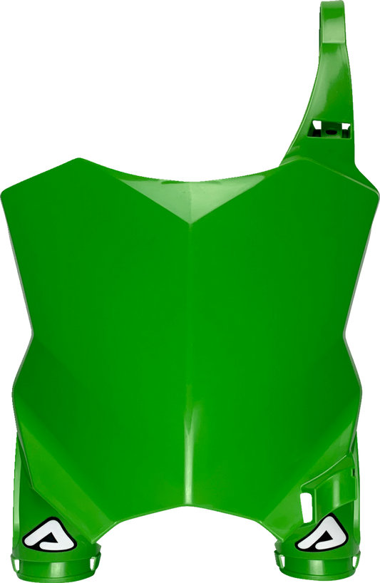 Green Acerbis Raptor number plate mounted on a bike body panel, designed for durability and visibility.