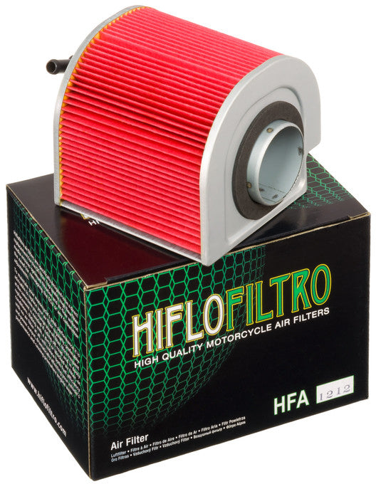 HIFLOFILTRO HFA1212 air filter for high-performance engines, showing a clean, cylindrical air filter element with rubber sealing edges.