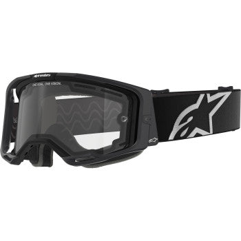 Bill's Exhausts Alpinstars Vision 8 goggles in black with clear lenses, designed for motocross or off-road riding.