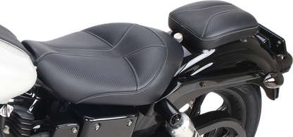 SADDLEMEN Dominator Pad 7-inch motorcycle seat showing durable black leather with detailed stitching and contoured design.
