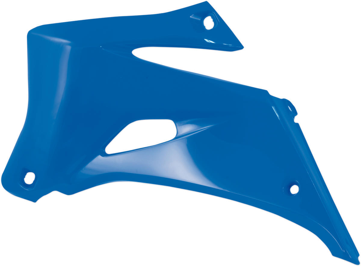 Acerbis radiator shrouds in blue for motorcycle body protection, designed by Bill's Exhausts, with visible mounting points and aerodynamic shape.