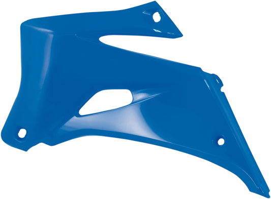 Acerbis radiator shrouds in blue for motorcycle body protection, designed by Bill's Exhausts, with visible mounting points and aerodynamic shape.