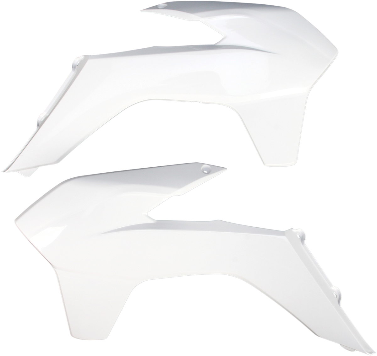 A set of white ACERBIS radiator shrouds for motorcycle body protection, displayed on a plain background.