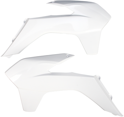 A set of white ACERBIS radiator shrouds for motorcycle body protection, displayed on a plain background.