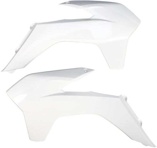 A set of white ACERBIS radiator shrouds for motorcycle body protection, displayed on a plain background.
