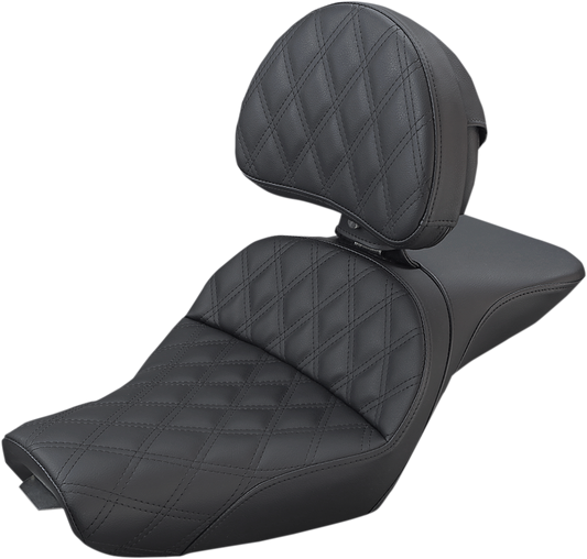 Black Saddlemens Explorer seat with backrest and lattice stitching, designed for XL motorcycles from 2004 to 2020.
